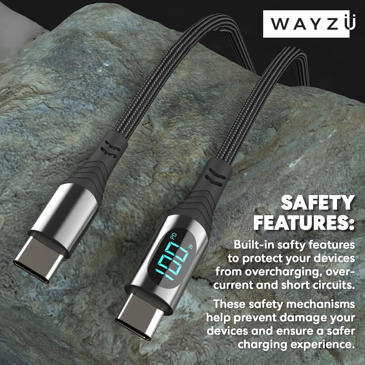 Wayzu 100W USB C to C Cable with Real-Time LED Power Display